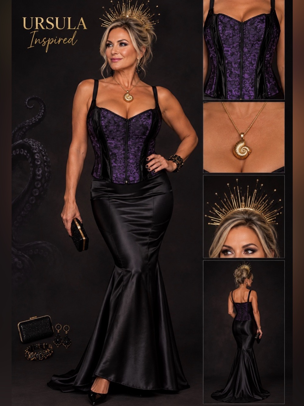 Ursula Halloween costume Purple & Black Floral Corset Top Party Set new jewelry